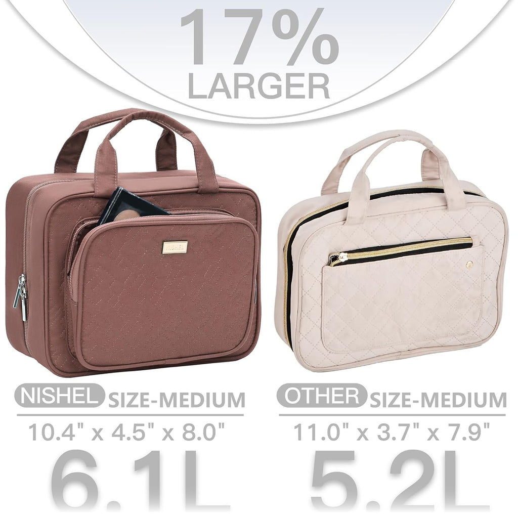 NISHEL Travel Toiletry Bag for Women, Makeup Essentials Organizer, Hanging Case for Accessories, Cosmetics, Medium Size, Rosewood-Pink