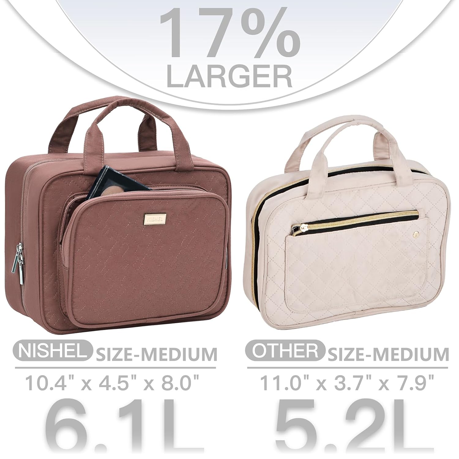 NISHEL Travel Toiletry Bag for Women, Makeup Essentials Organizer, Hanging Case for Accessories, Cosmetics, Medium Size, Rosewood-Pink