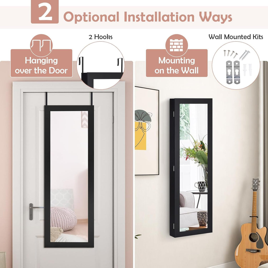 HAPPYGRILL Wall Mounted Jewelry Cabinet with Full Length Mirror, Over The Door Jewelry Organizer w/Built-in Makeup Mirror, Storage Shelves, Door Mounted Jewelry Armoire for Women, Girls (Black)