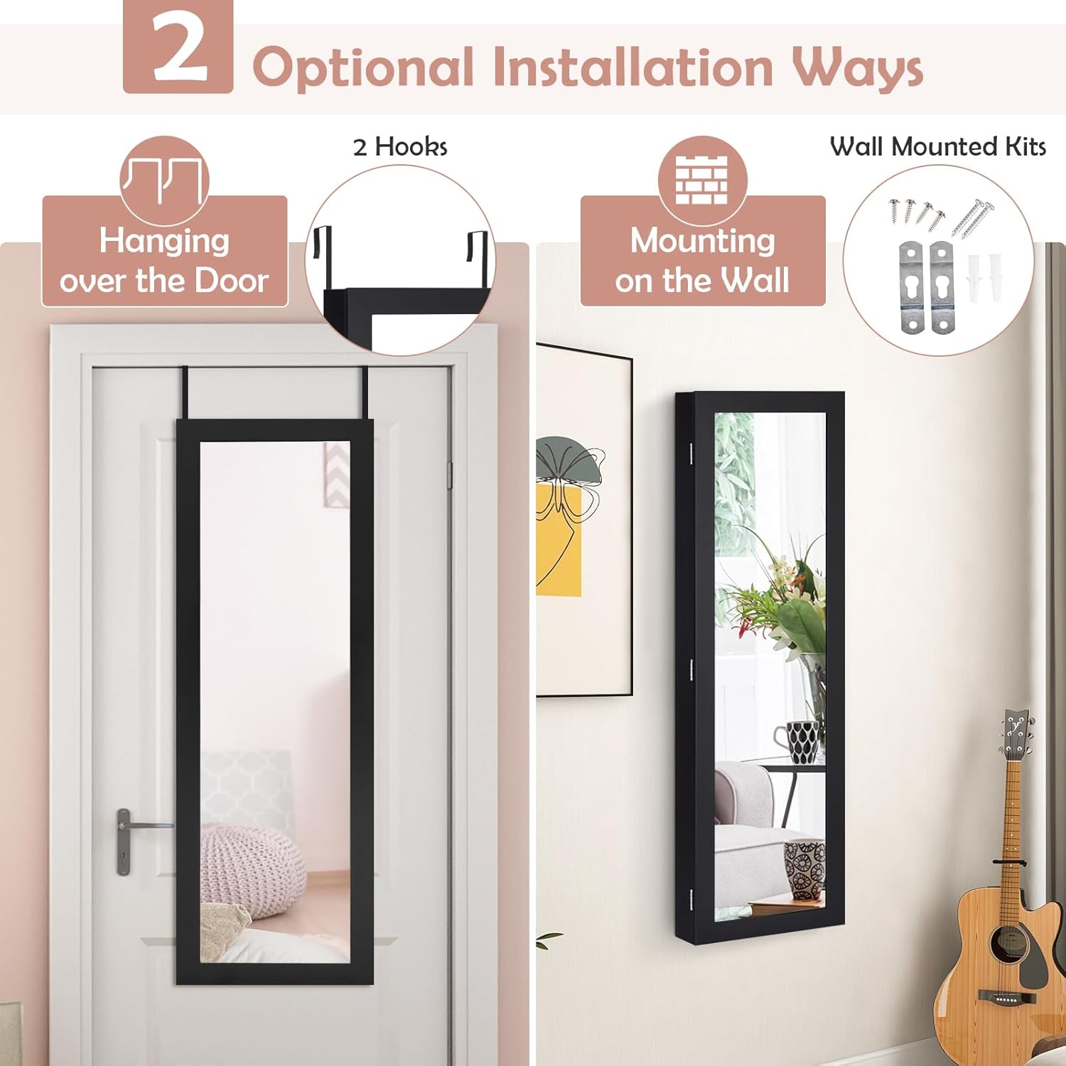 HAPPYGRILL Wall Mounted Jewelry Cabinet with Full Length Mirror, Over The Door Jewelry Organizer w/Built-in Makeup Mirror, Storage Shelves, Door Mounted Jewelry Armoire for Women, Girls (Black)