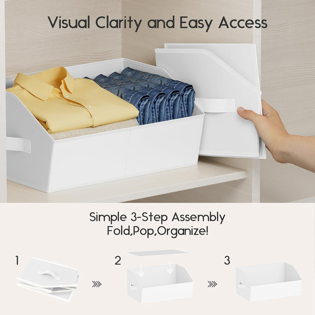 Large Closet Organizers and Storage Bins - 10 Pack Trapezoid Storage Baskets for Shelves, Foldable Fabric Baskets with Handles Ideal for Closet, Basket, Wardrobe and Shelf Storage, White