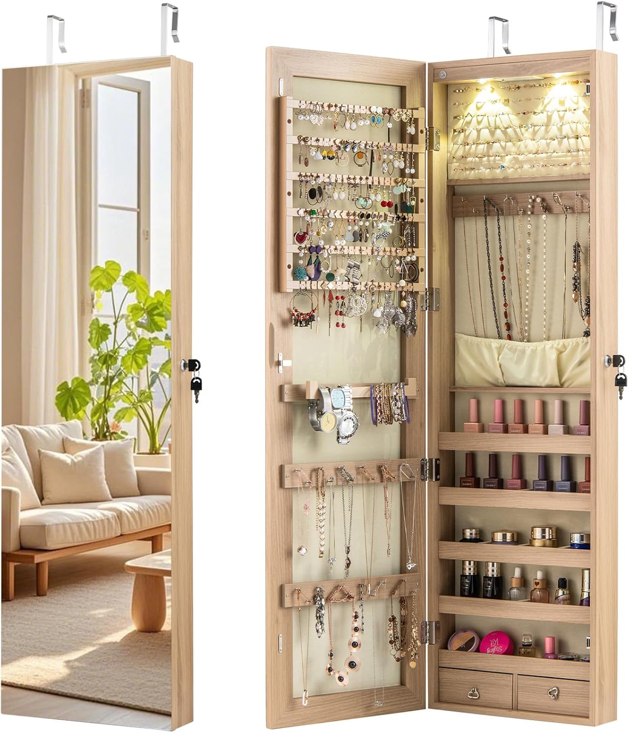 Giantex Wall or Door Mounted Jewelry Armoire with 47.5" Full Length Mirror, Lockable Cabinet with 2 LED Lights, 2 Drawers, Over the Door Large Jewelry Storage Organizer (Light Oak)