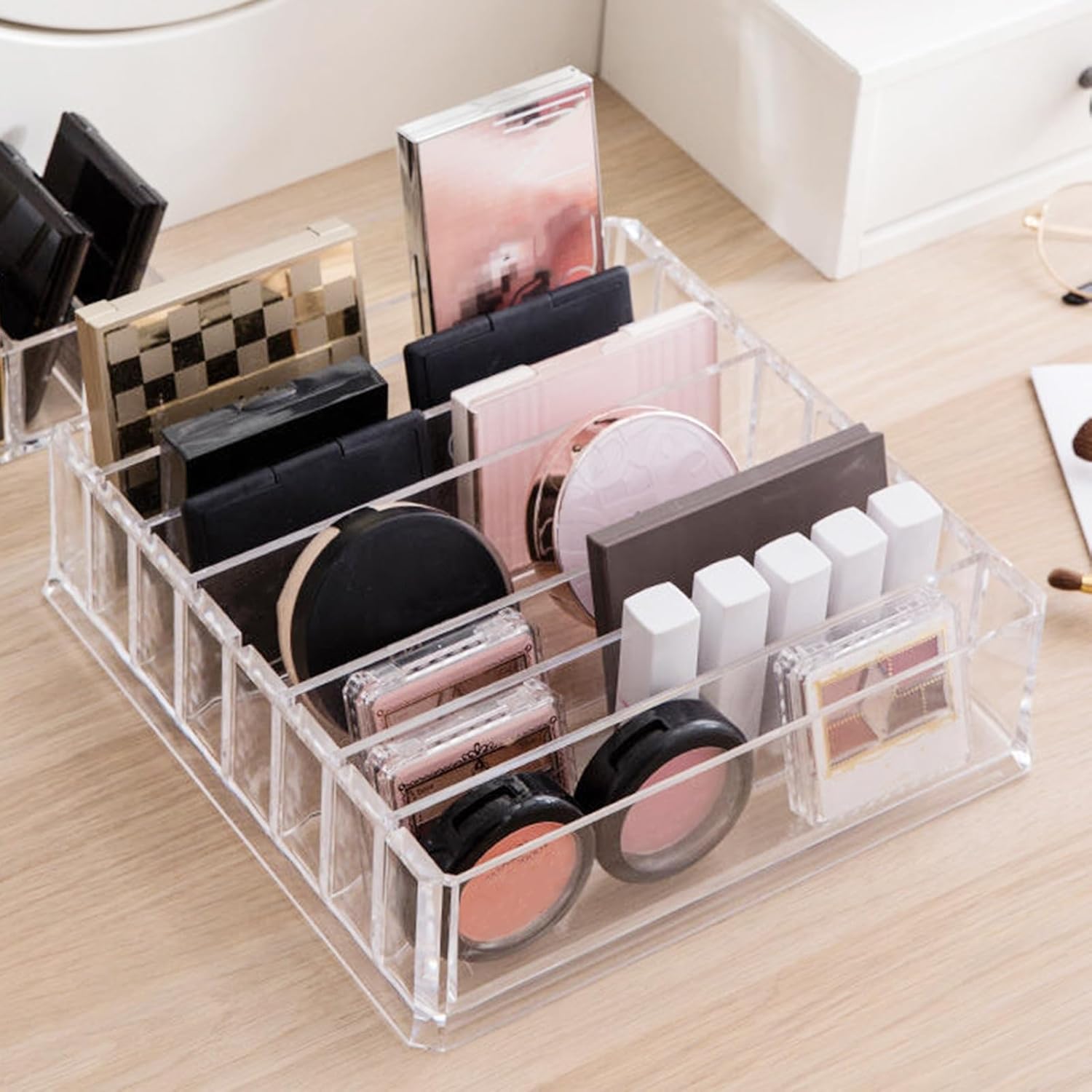 BESPORTBLE Cosmetics Palettes Storage Box with Compartments Makeup Organizer Stand for Eyeshadow Palettes Blush Lipstick Holder and Stylish Makeup Case for Vanity Counter