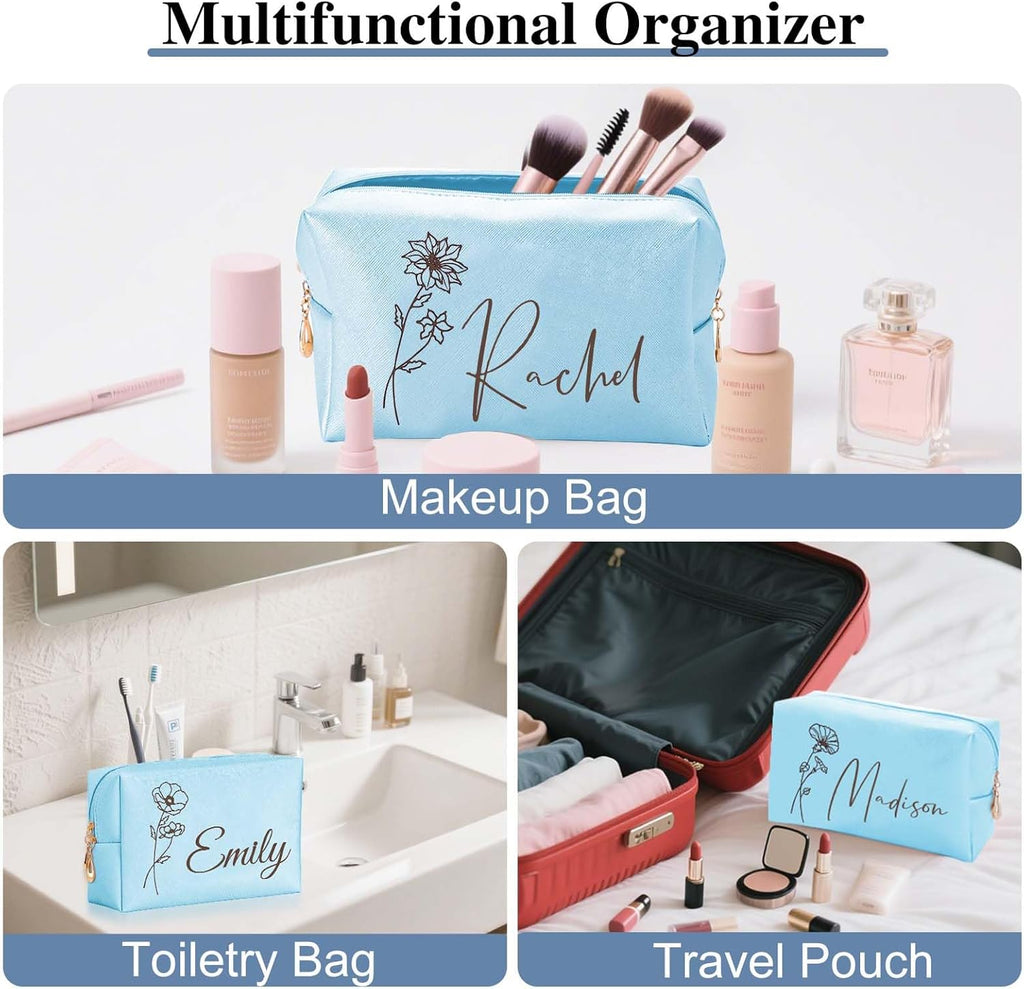 Personalized Makeup Bag with Name & Birth Flower, Custom Leather Cosmetic Bags for Women, Customized Travel Toiletry Bag Gifts for Bridesmaid Wedding