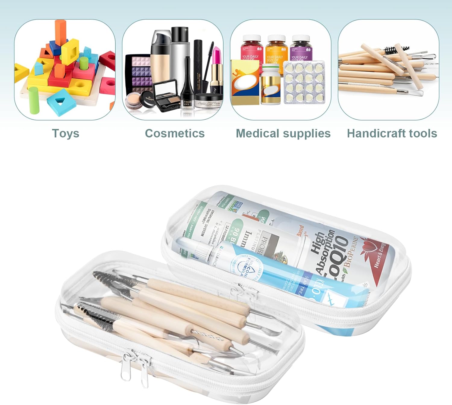 Set of 2 - Hard Sided Clear Zipper Case for Storage - Professional-Grade Plastic Hard Shell Zippered Organizers, Cosmetic Bag, Snack Bins