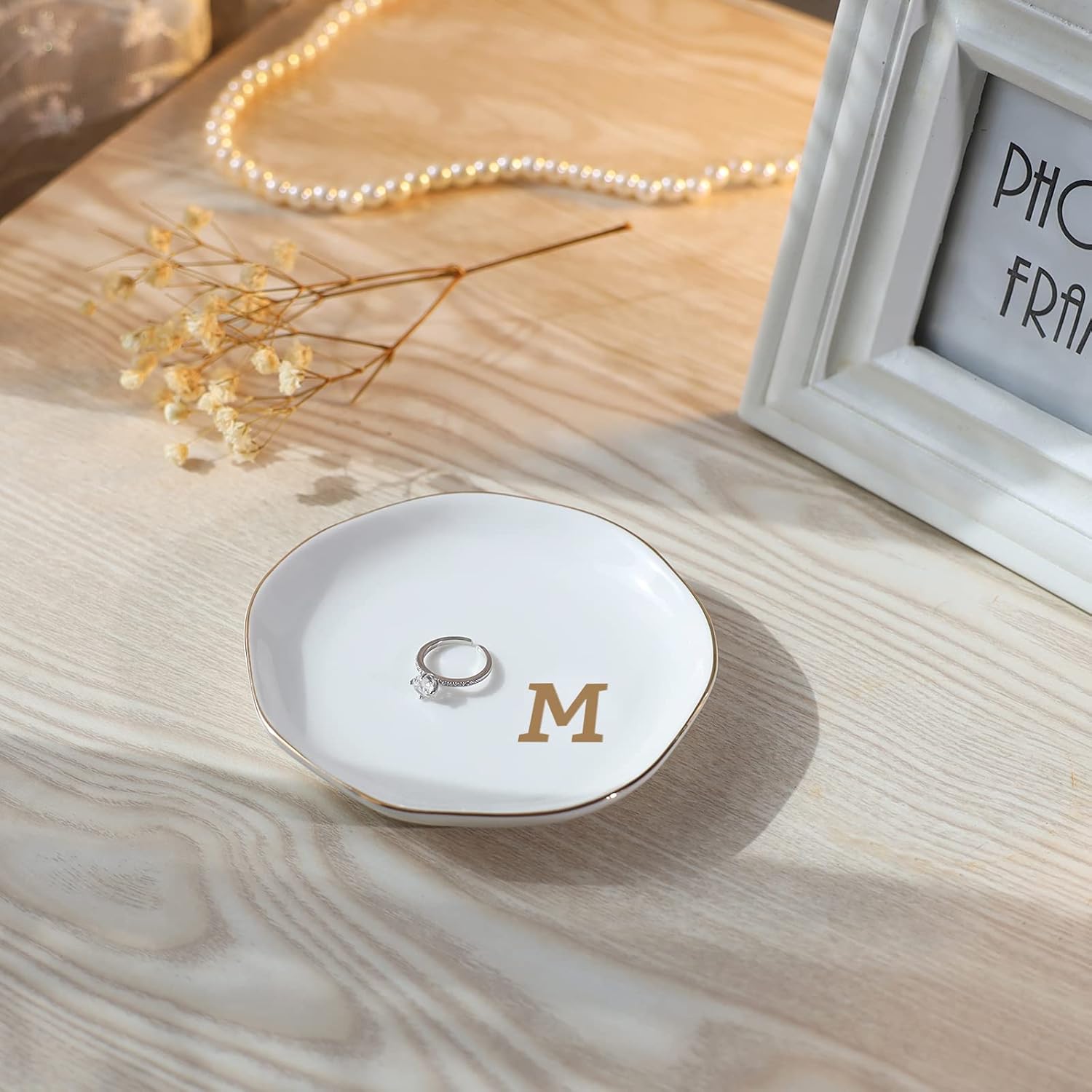 Initials Ring Dish Jewery Tray with Personalized M-Monogrammed Mother's Day Gifts Wedding Engagement for Women Friends sister,Ceramic White
