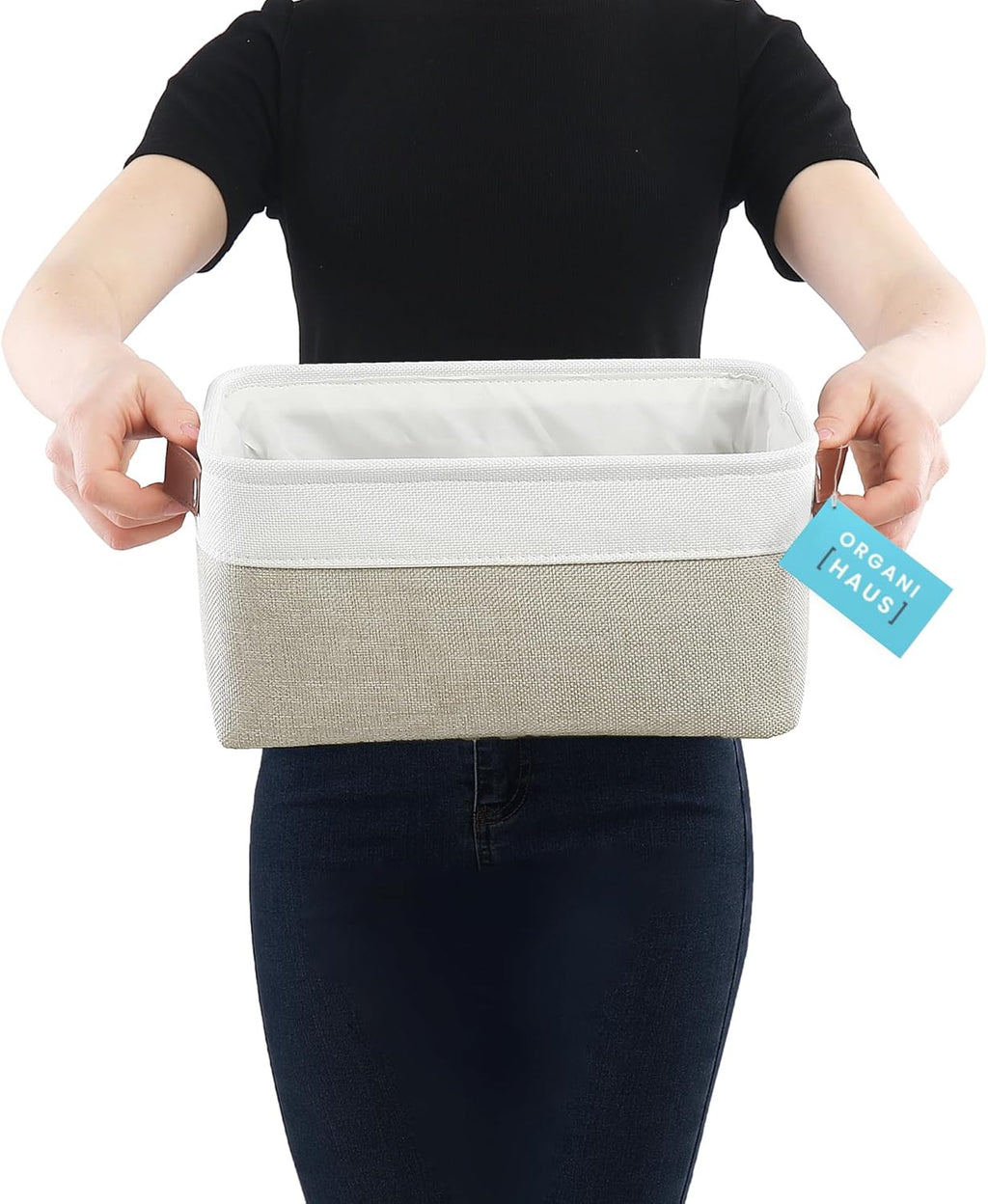 OrganiHaus Small Fabric Storage Baskets for Shelves 3 Pack, 12x08in Closet Storage Bins for Shelves, Canvas Baskets for Organizing, Linen Closet Organizers, Cloth Basket, Beige/Off-White