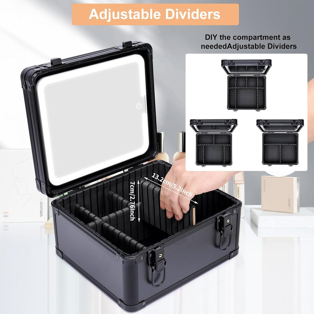 Makeup Box with Led Mirror,Travel Train Hard Case with Rechargeable Lighted Mirror Adjustable Dividers,Cosmetic Organizer Storage Bag for Makeup Artists,Appropriate Gift for Women and Girls,Black