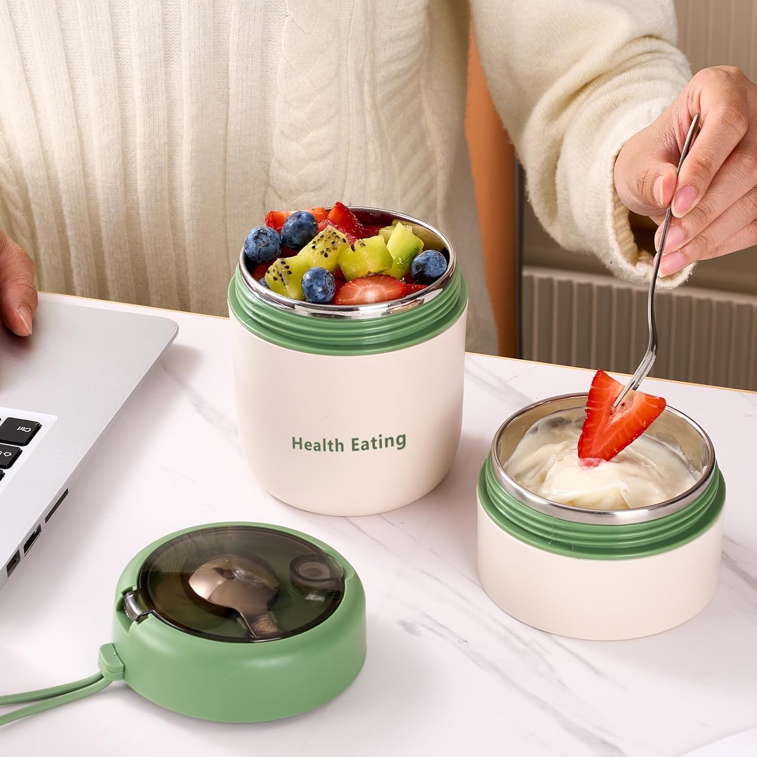 Overnight Oats Containers with Lids and Spoons, 24 oz On The Go Reusable Snack Cup Container for Yogurt Parfait, Middle Compartment, Portable & Lightweight for Work, Travel, Gym - Dishwasher Safe