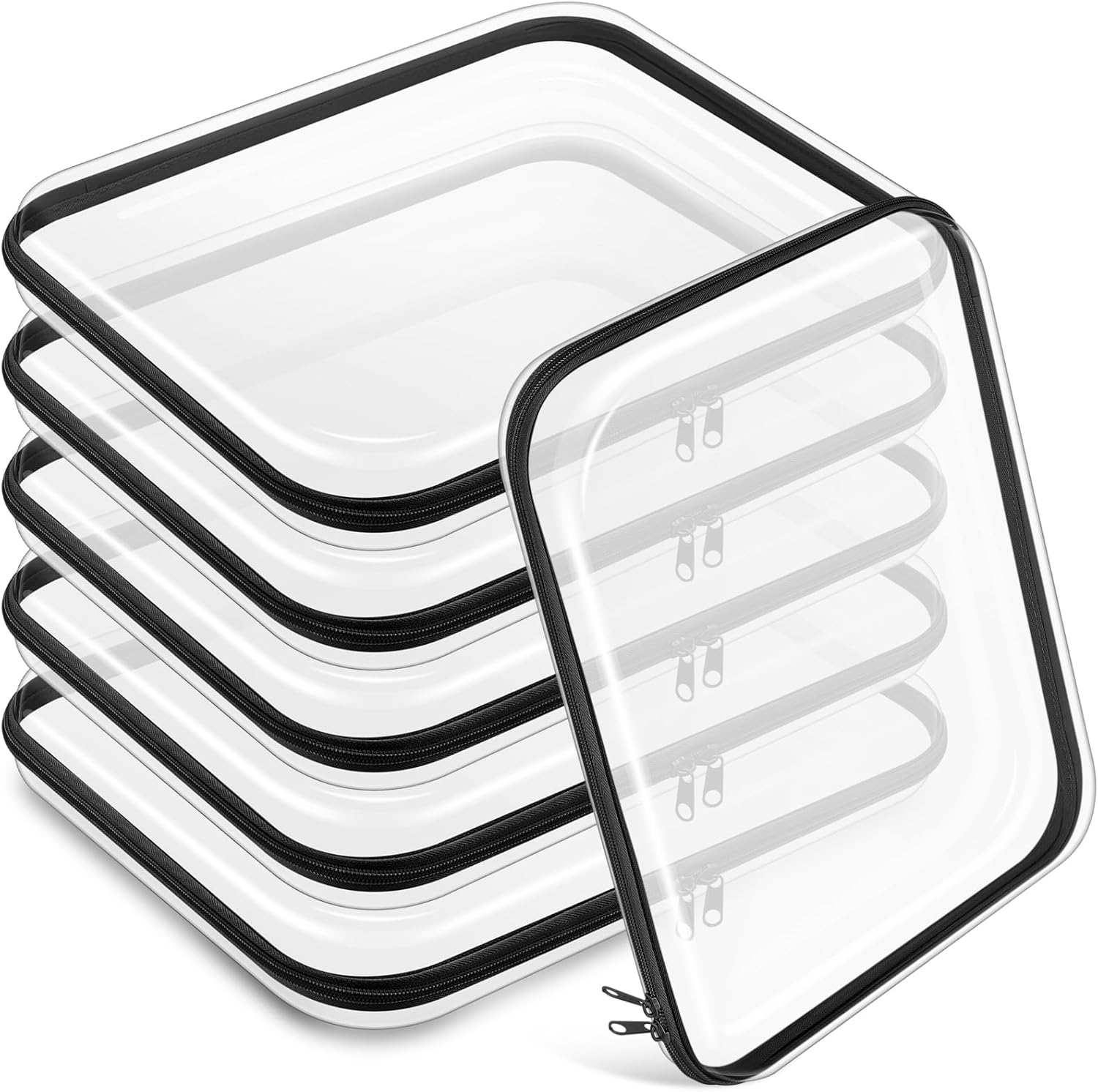 Sanwuta 6 Pcs Clear Hard Zipper Case Hard Plastic Zipper Pouches Transparent Makeup Bag Pencil Pouches for Travel Snacks Christmas Trinket Storage Organizer Box(Black,13.78 x 11.81 x 2 Inch)