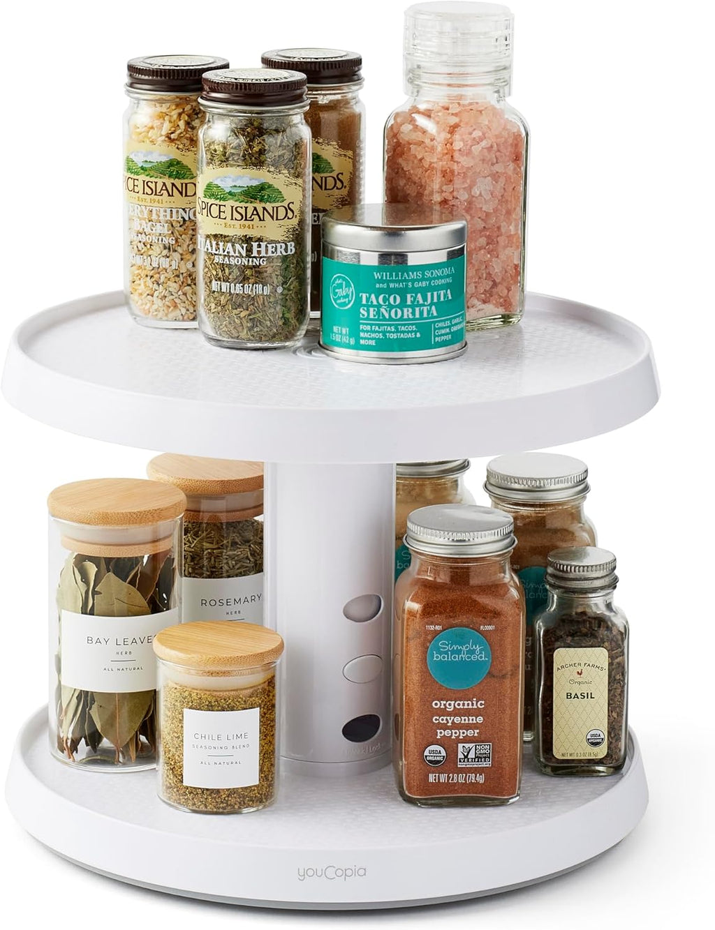 YouCopia Crazy Susan Two-Tier Turntable, Height-Adjustable Lazy Susan Organizer for Kitchen Cabinet and Pantry Organization and Storage, White