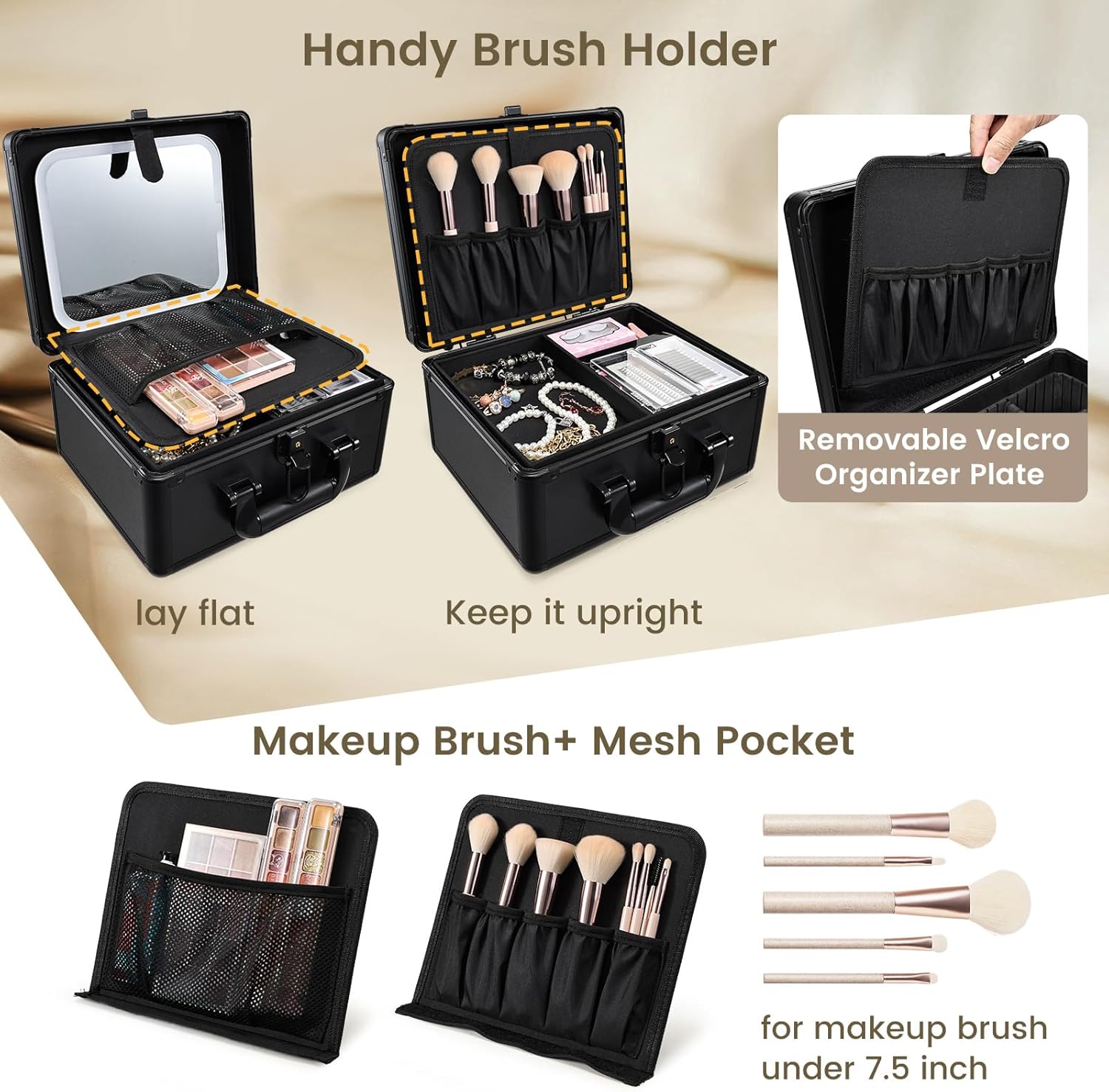 Makeup Case with Lighted Vanity Mirror, Makeup Organizer Box Travel Make up Case with LED Mirror Portable Cosmetic Train Case for Countertop Lockable Makeup Suitcase with Adjustable Dividers