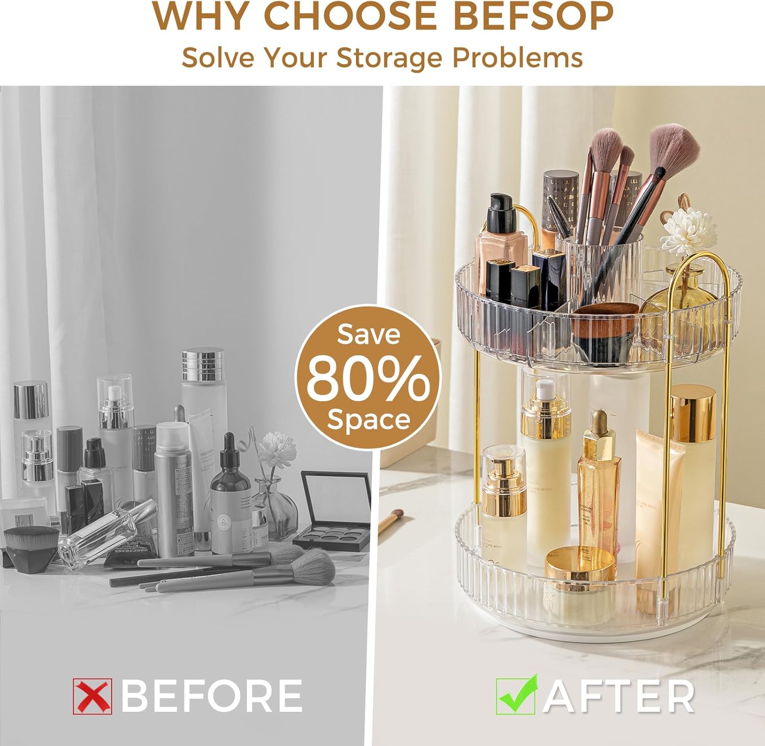 360° Rotating Makeup Organizer, Upgraded 2 Tier Skincare Perfume Organizers for Women, Bathroom Organizer Countertop, Clear Cosmetic Dresser Organizer with Makeup Brush Holder, Sink&Counte (Clear)