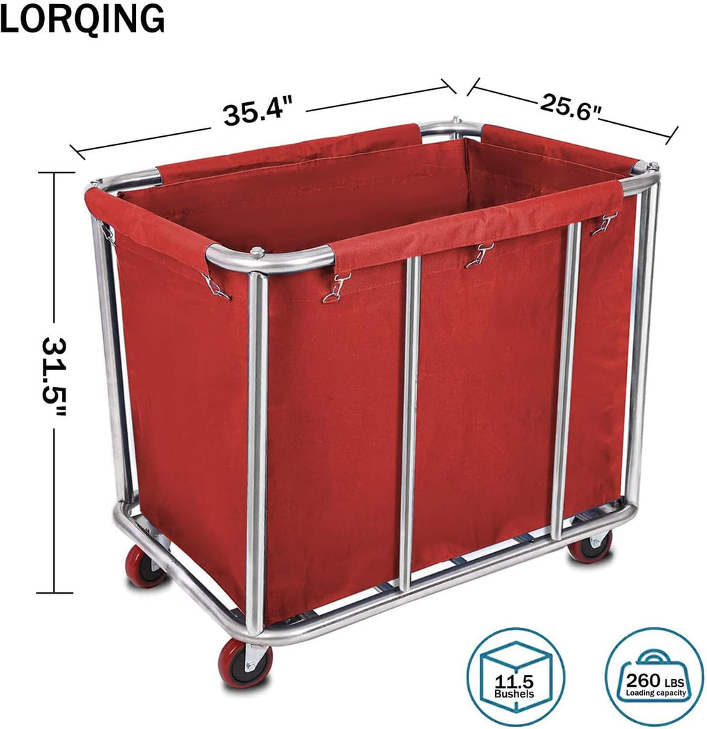 10 Bushels Laundry Cart Commercial/Home,Heavy Duty Large Stainless Steel Rolling Laundry Basket with Wheels，for Laundry Organizer and Storage,260LBS Load (Red)
