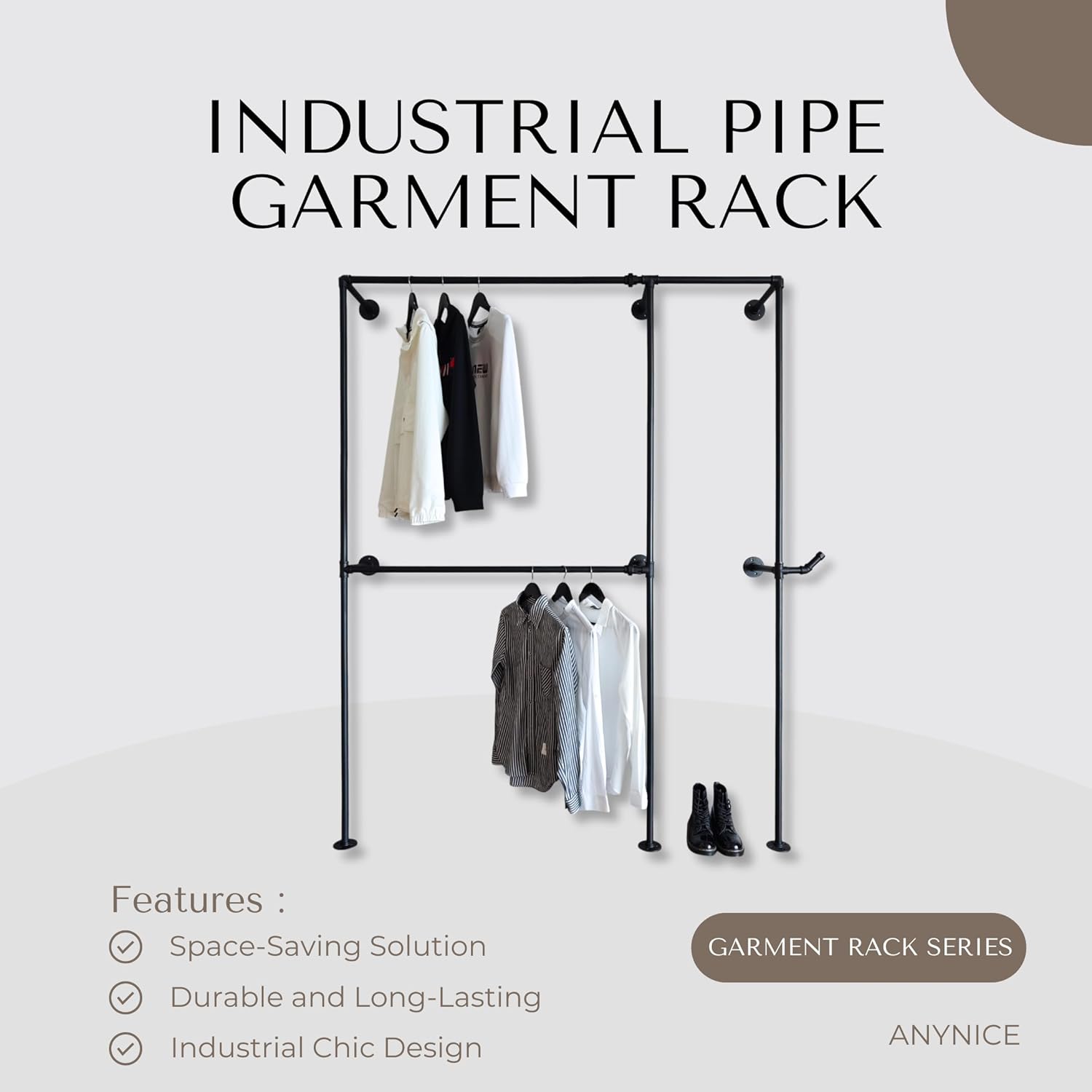 Industrial Pipe Clothing Rack, Heavy Duty Wall Mounted Clothes Rack, Retail Display Hanging Garment Rod for Laundry Rooms, Closet Storage, 14.6x62.5x82.7 Inches, Model AF01