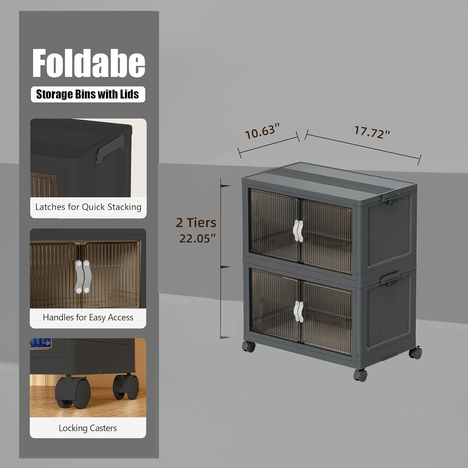 Stackable Storage Bins with Lids and Wheels for Home Organization-Large Foldable Containers Plastic Wheel Collapsible Storage Cabinet Boxes for Home, Pantry, Office (S, Gray 2-Tier)