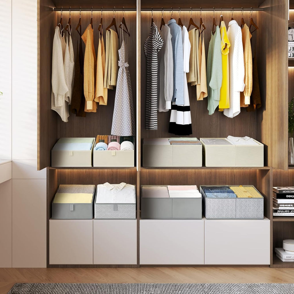 DIMJ Closet Storage Bins, 3 Pack Storage Baskets for Shelves, Foldable Closet Organizer with Handle, Linen Closet Organizers and Storage for Clothes, Toys, Towel, Books (Grey)