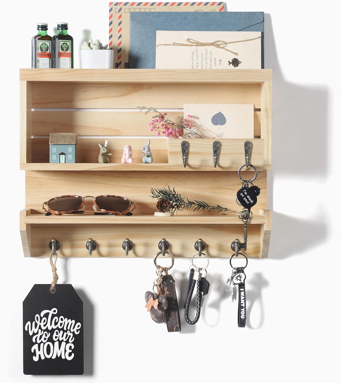 Innovation Key and Mail Holder for Wall, Key Holder Wall Mount, Mail Organizer with 9 Hooks, Natural Color