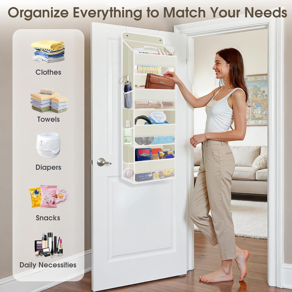 1 Pack Over The Door Organizer, Hanging Storage Organizer with Clear Window, 40lb Ultra Sturdy Large Capacity Room Organizer for Pantry Bathroom Nursery Closet Baby Essential (Beige)