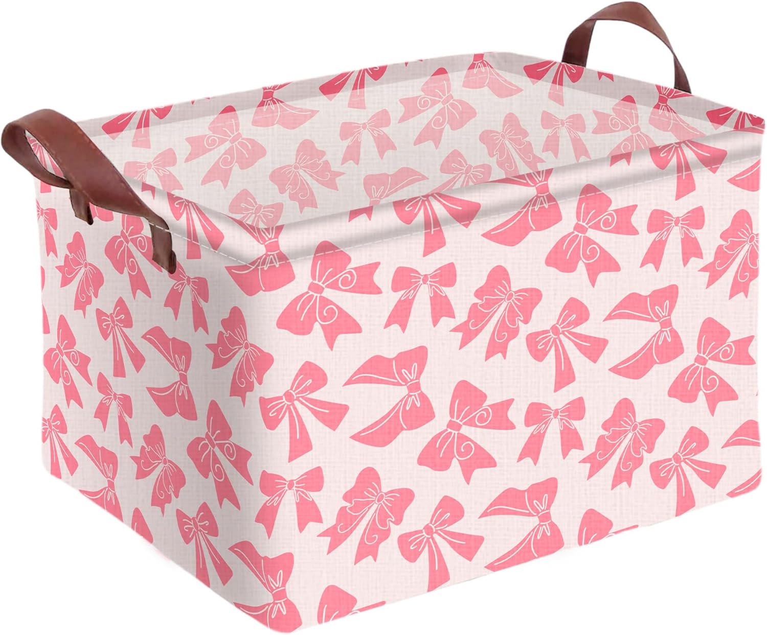 Pink Bow Storage Basket Waterproof Canvas Toy Storage Bin Bow Room Decor Collapsible Outdoor Basket with Leather Handles Coquette Room Decor Blanket Baskets For Closets,Bedrooms,Gifts Baskets