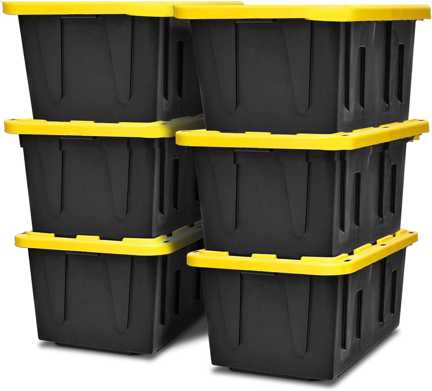 HOMZ 6-Pack Durabilt Tote, Heavy Duty Plastic Storage Bins with Lids, 15 Gallon, Black/Yellow - Stackable Organizing Containers for Home, Garage, and Office