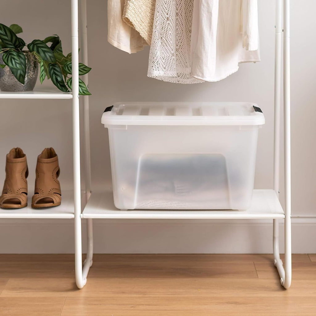 IRIS USA 40 Qt Stackable Plastic Storage Bins with Lids, 4 Pack - BPA-Free, Made in USA - Discreet Organizing Solution, Latches, Durable Nestable Containers, Secure Pull Handle - Pearl