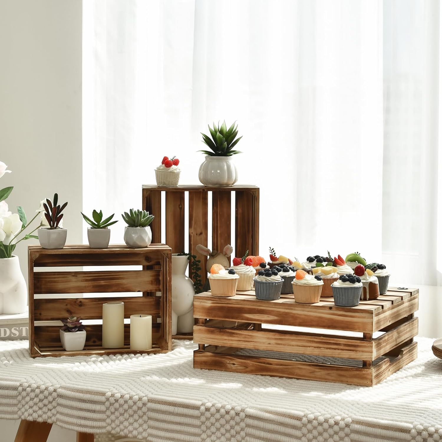 Wooden Crates Set of 3 - Large Rustic Wood Nesting Crates for Decoration, Display, Storage Boxes brown wooden crates farmers market deco wooden crates (Brown)