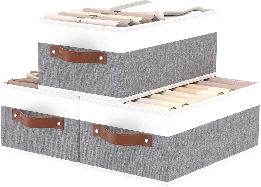 OUTBROS Storage Bins, Foldable Storage Baskets for Organizing, Fabric Storage Boxes With Handles,For bedrooms, living rooms, Shelves, Gray/White, 16.1x6.5x9.8 inch, 3-Pack