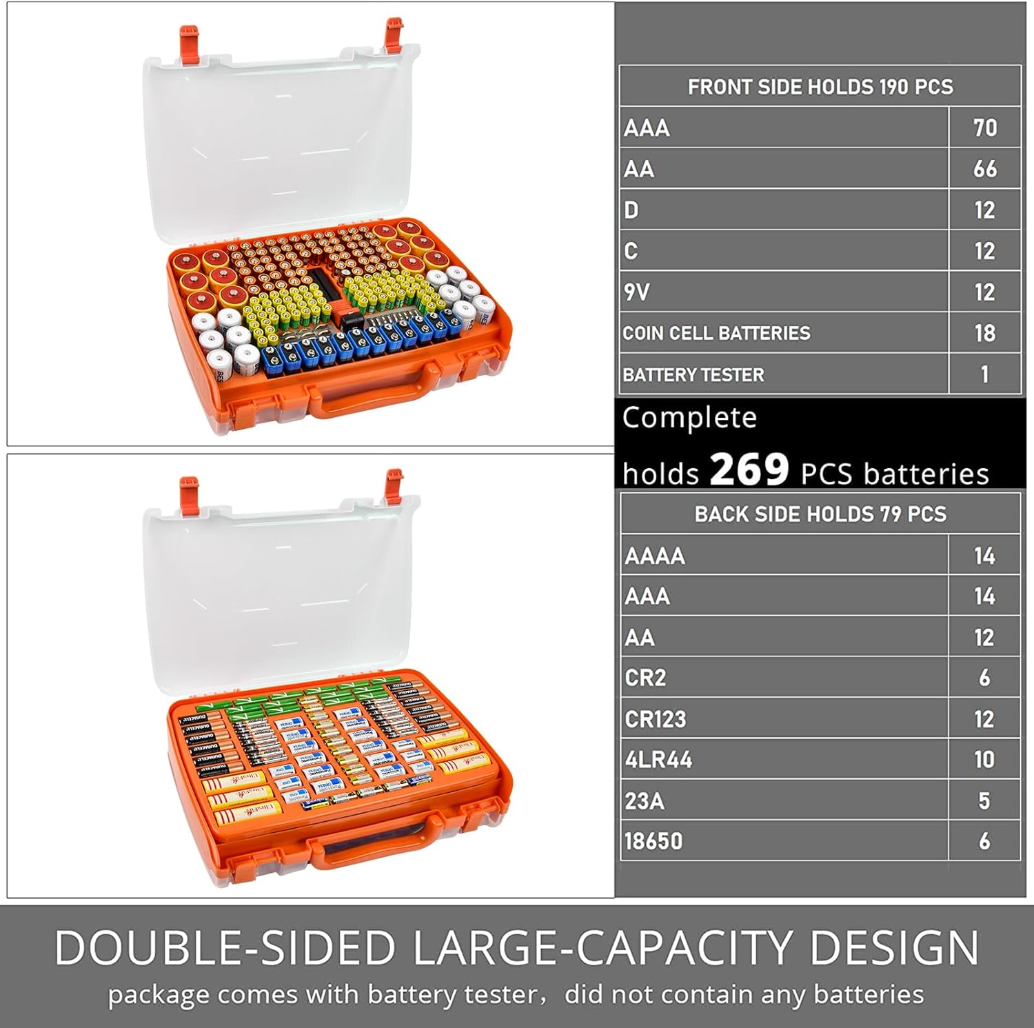 Battery Organizer Storage Holder Box Case with Tester- 269 Batteries Double-Sided Variety Pack, Holds AA AAA 4A C D Cell 9V 3V Lithium LR44 CR2 CR123 CR1632 18650 Button- Orange (Box Only)