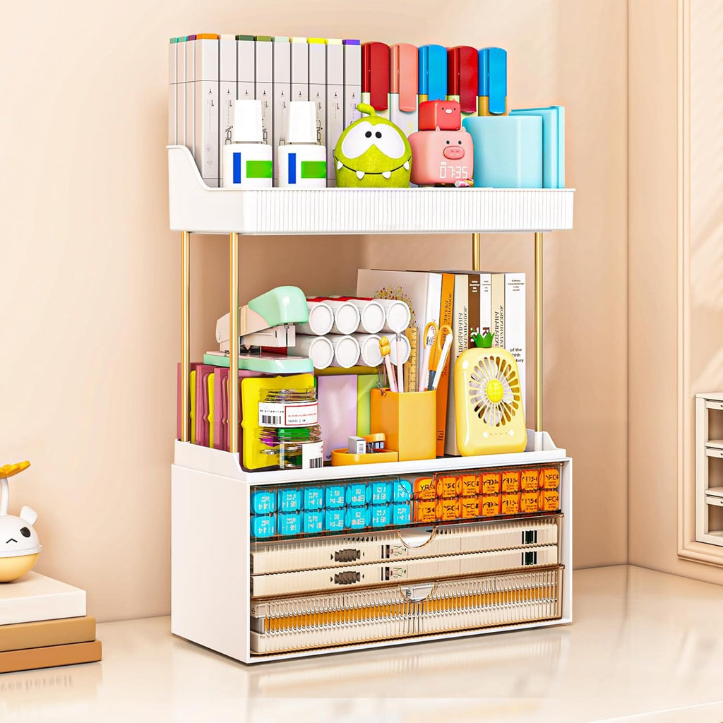 Bathroom Organizers and Storage - 3 Drawers 2 Tier Makeup Organizer, Cosmetic Storage Drawer for Dresser Countertop and Bathroom Vanity for Large Skincare, Perfume, Amber