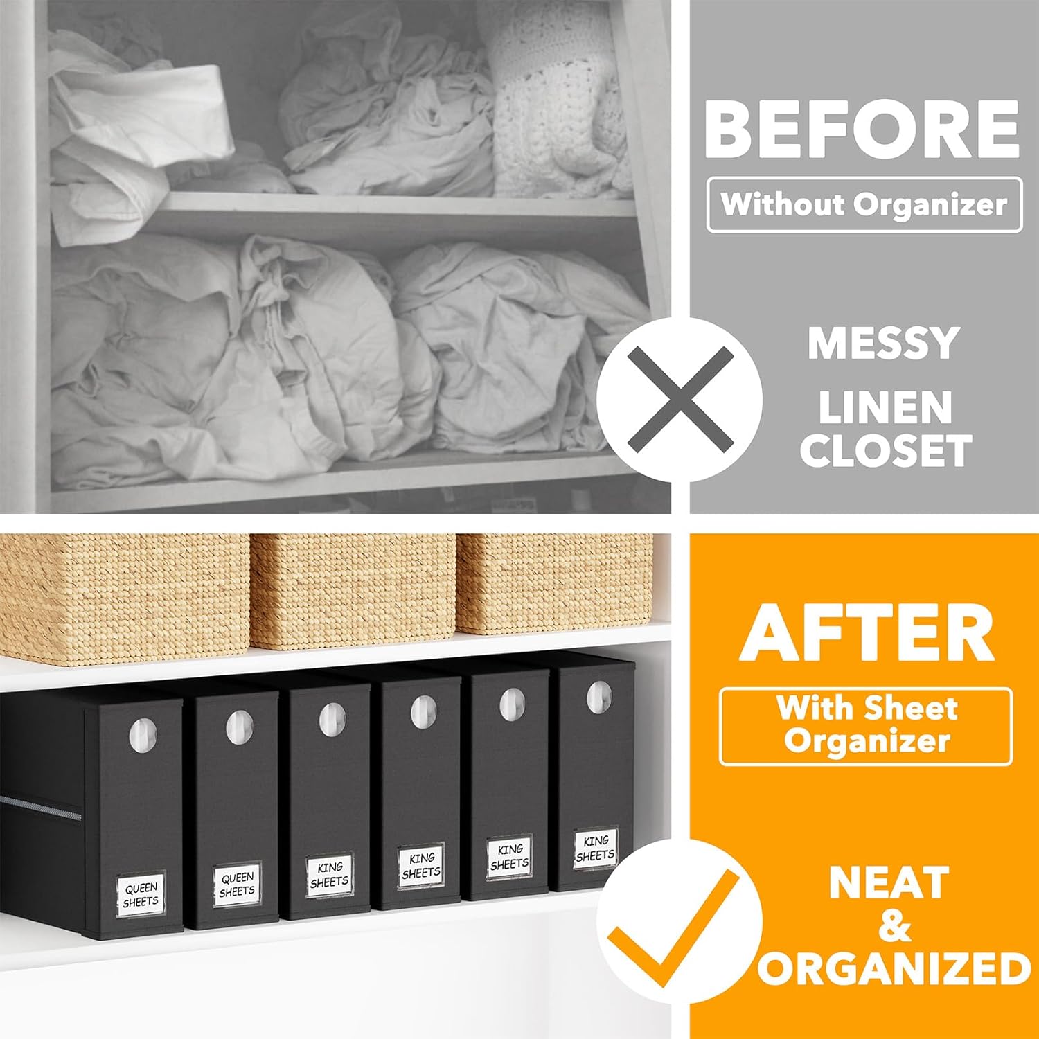 SpaceAid 6 Pack Bed Sheet Organizer and Storage, Foldable Sheet Organizer with Window for Linen Closet, Set Folder Keeper for Queen & King Size Bedding Storage (Black)