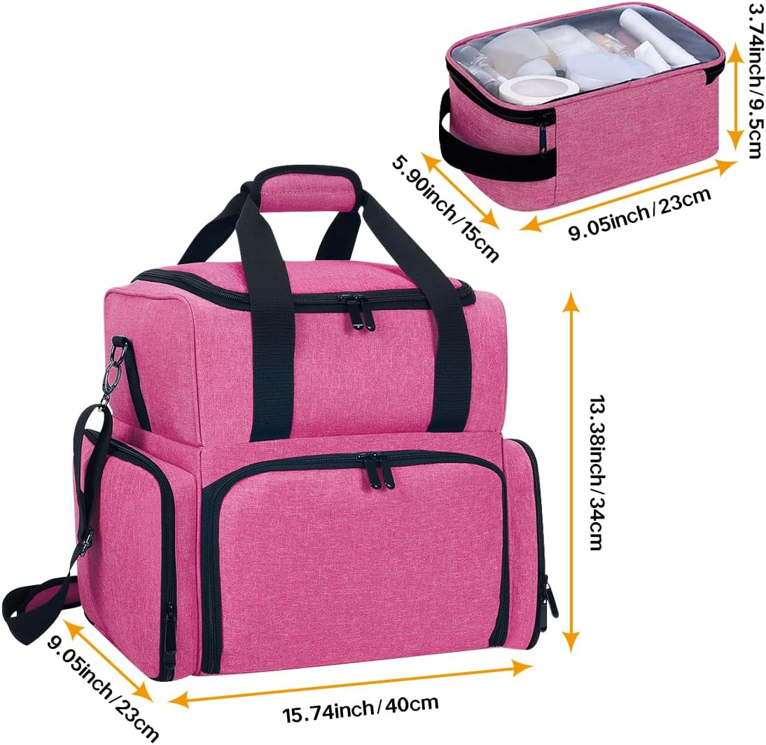 Large Cosmetic Bag with 4 Removable Case and 2 Removable Dividers Double Layer Travel Storage Organizer, Makeup Brushes Storage Section Rose Red