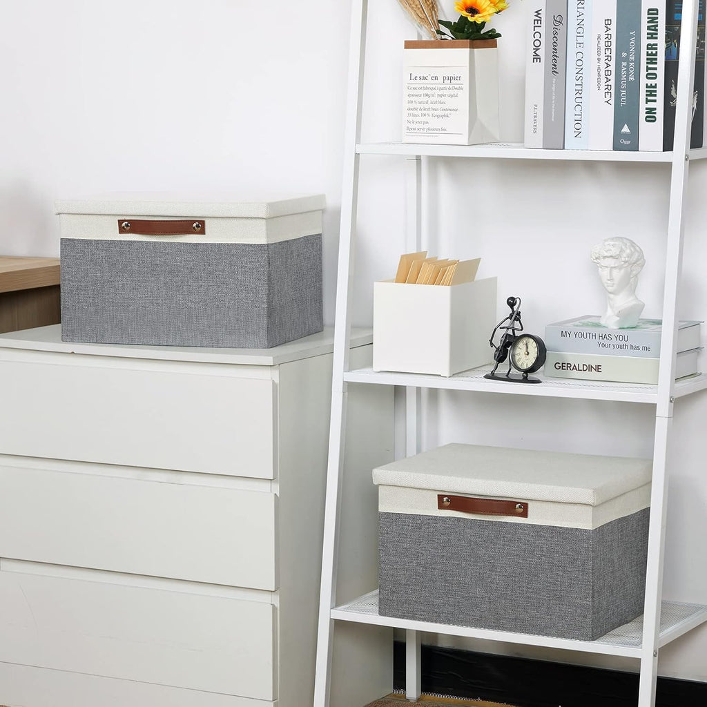 Temary Collapsible Storage Bins Storage Boxes with lid, 2 Pack Storage Baskets with Lid Organizing Clothes, Decorative Organizer Bins with Handles (White&Gray, 15x11x9.5inch)