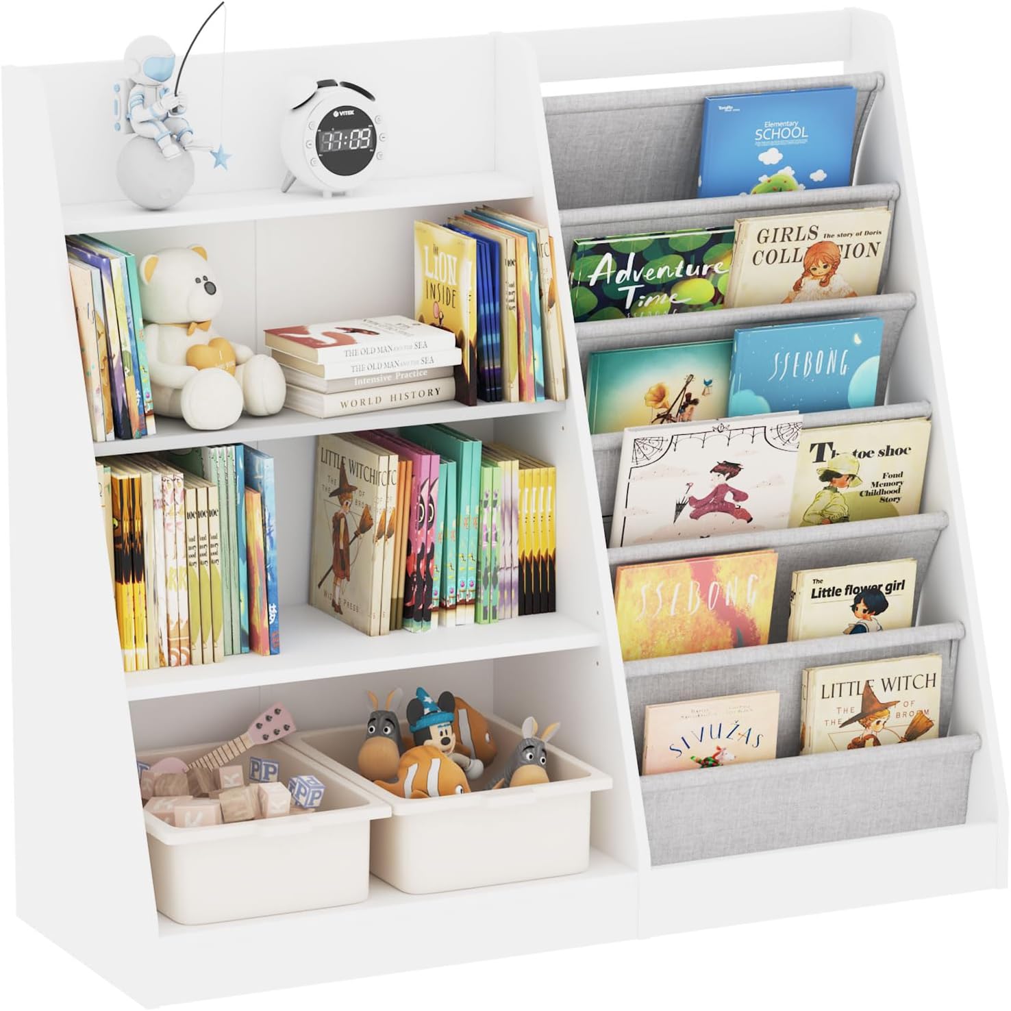 White Kids Bookshelf Wood Toy Storage Organizer Cabinet Children Bookcase Toddler Baby Sling Book Rack Adjustable Shelf for Playroom Bedroom Nursery Hallway School Kindergarten