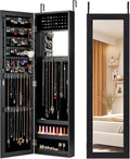 COSTWAY Full Length Mirror Jewelry Cabinet, Wall Door Mounted Jewelry Organizer with Makeup Mirror, Ring Slots & Necklace Hooks, Large Storage Jewelry Armoire for Bedroom, Dressing Room (Black)