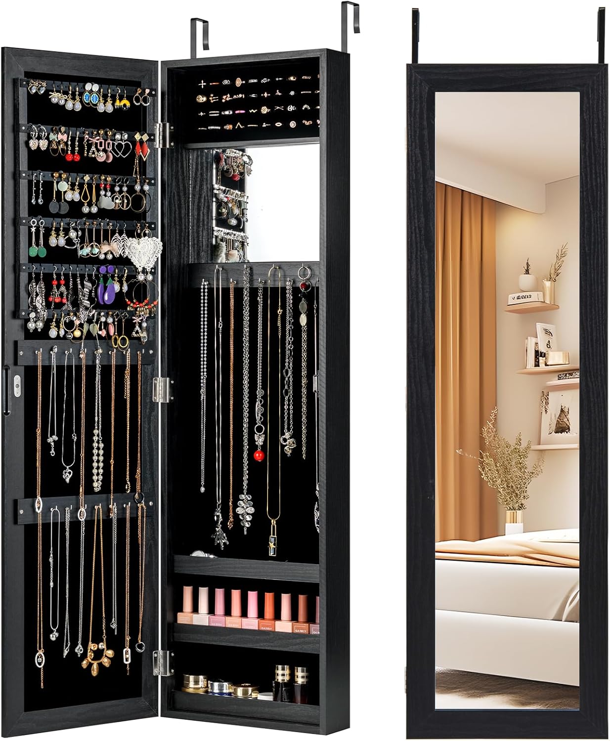 COSTWAY Full Length Mirror Jewelry Cabinet, Wall Door Mounted Jewelry Organizer with Makeup Mirror, Ring Slots & Necklace Hooks, Large Storage Jewelry Armoire for Bedroom, Dressing Room (Black)