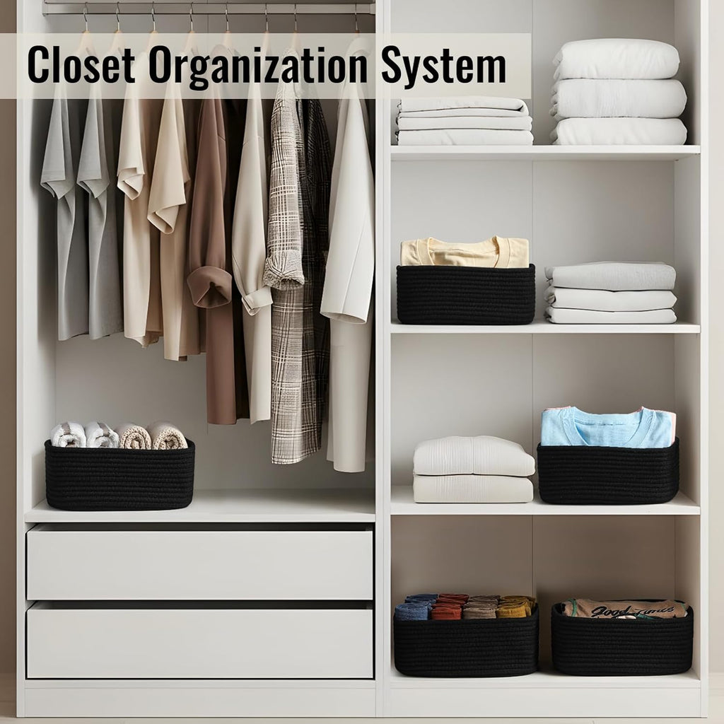 8 Pack Small Storage Baskets for Organizing, Woven Rope Bins for Bathroom, Closet, Shelf Organizer, Cute Cube Decorative Box for Towels, Baby Nursery, Toys, Gift Empty Baskets - 11.5"x7.5"x4.7"-Black