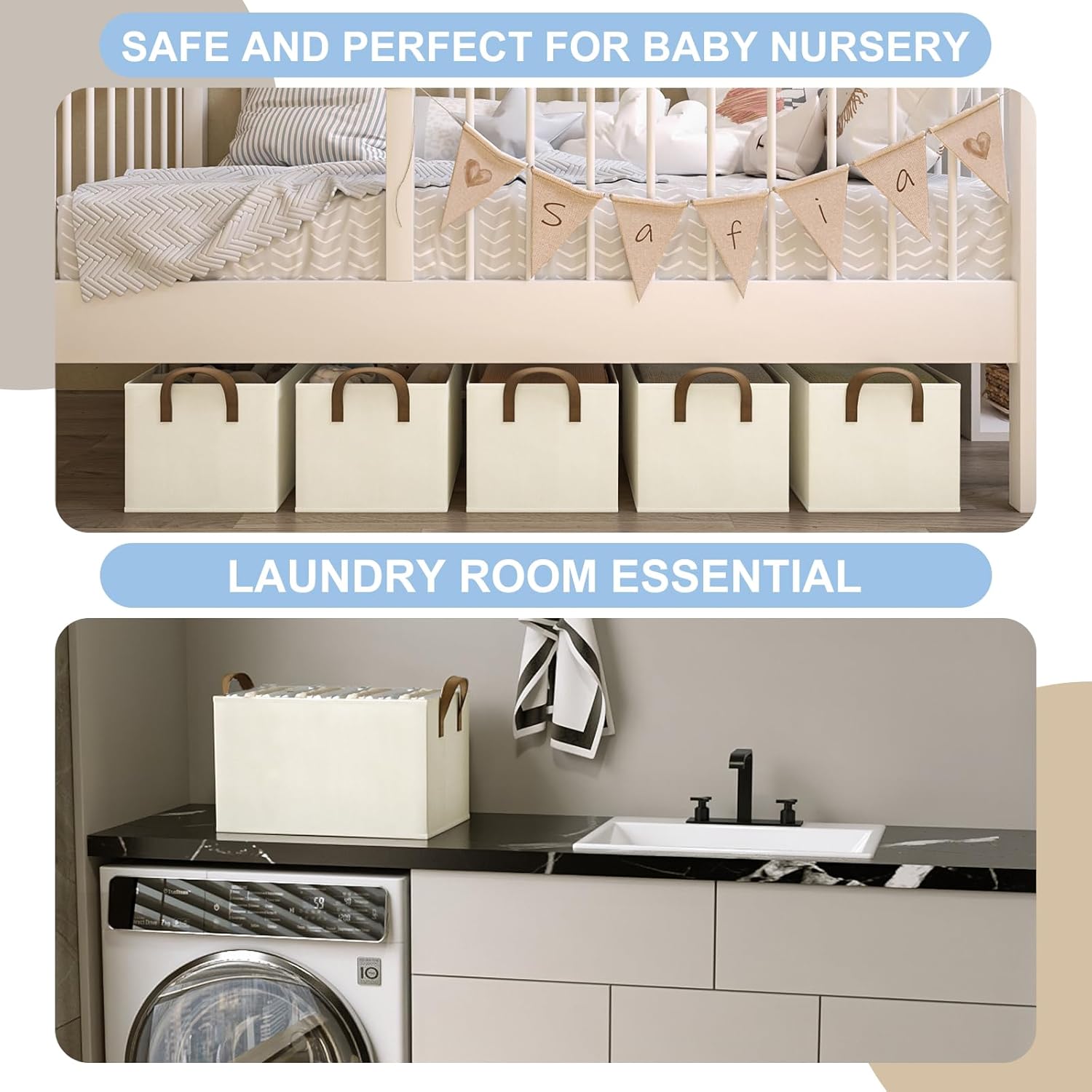 Closet Storage Bins, Fabric Closet Organizers and Storage Basket for Shelves, Collapsible Shelf Baskets for Organizing Shelves, Bedroom Clothes Basket, Beige, 3 Pack