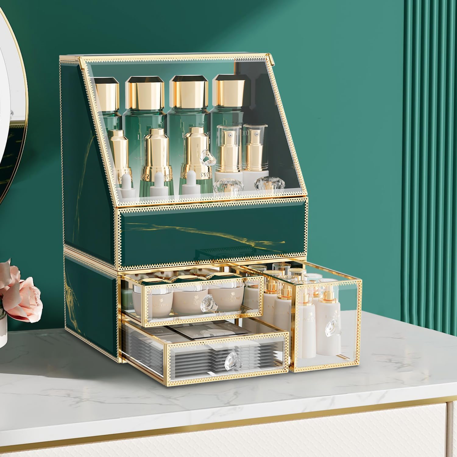 Makeup Organizer Countertop,Green Makeup Organizer with Drawer, Skincare Holder for Bathroom Countertop,Cosmetic Display Case for Dresser.
