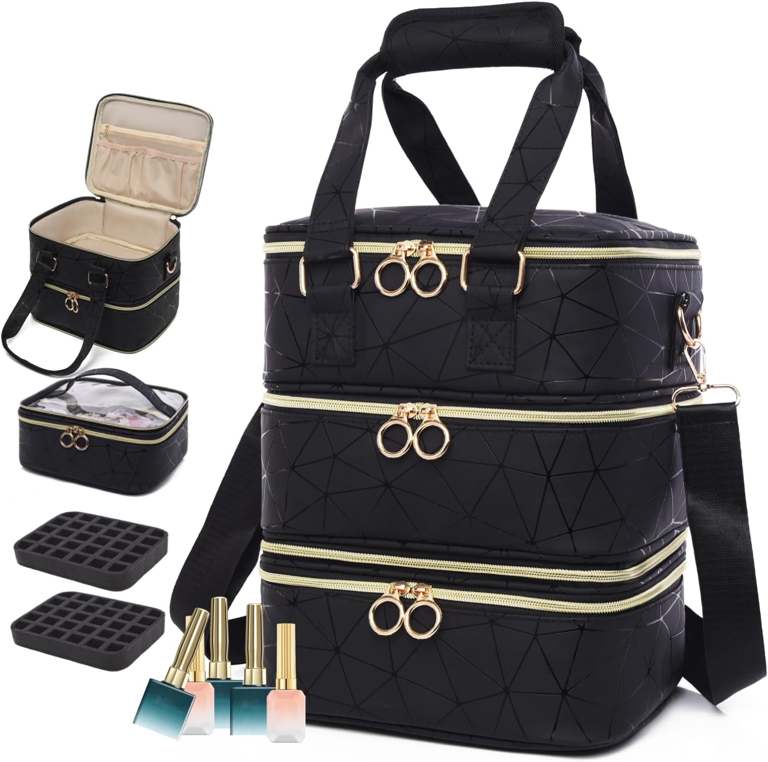 3 Layers Nail Polish Organizer Bag - Holds 60 Bottles,Portable Travel Case with Shoulder Strap,Nail Tech Kit Storage,Versatile Cosmetics Case,Detachable,Waterproof,Gifts for Women