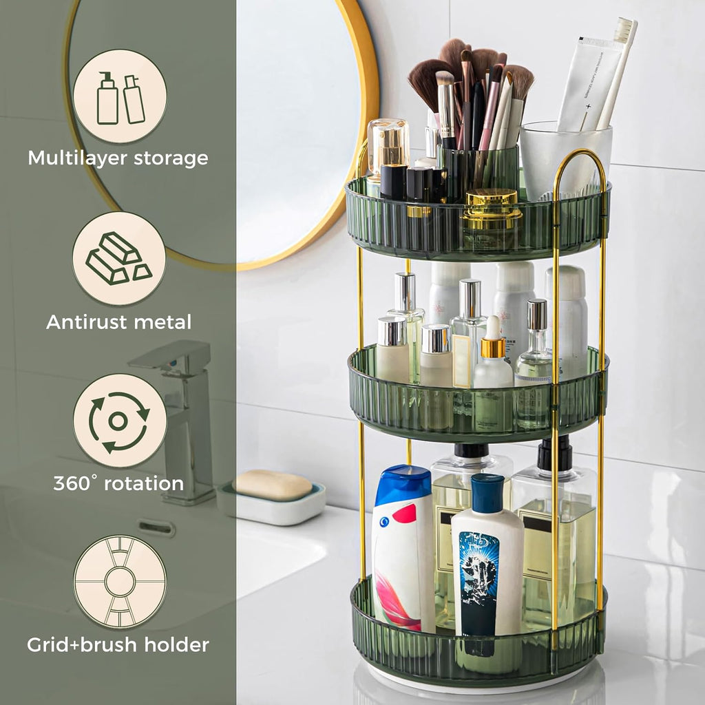 360° Rotating Makeup Organizer, Upgraded 3 Tier Skincare Perfume Organizers for Women, Bathroom Organizer Countertop, Clear Cosmetic Dresser Organizer with Makeup Brush Holder, Sink&Counter (Green)