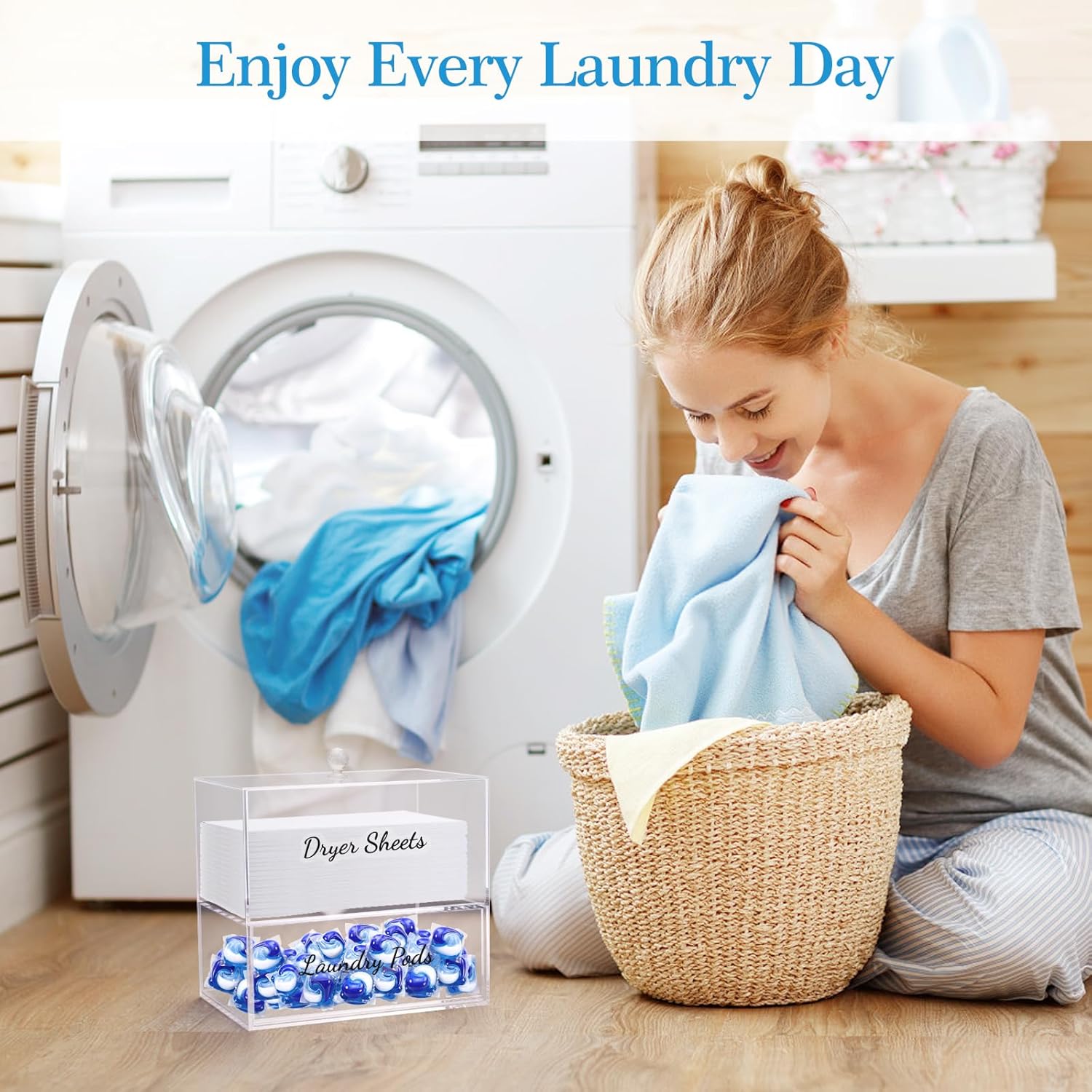 JYPS 1+1 Acrylic Dryer Sheet Holder with Drawer and Bamboo Lid, Clear Acrylic Large-Capacity Laundry Pods Container, Scent Boosters & Powder, Laundry Room Organization decor, Storage Jars Set