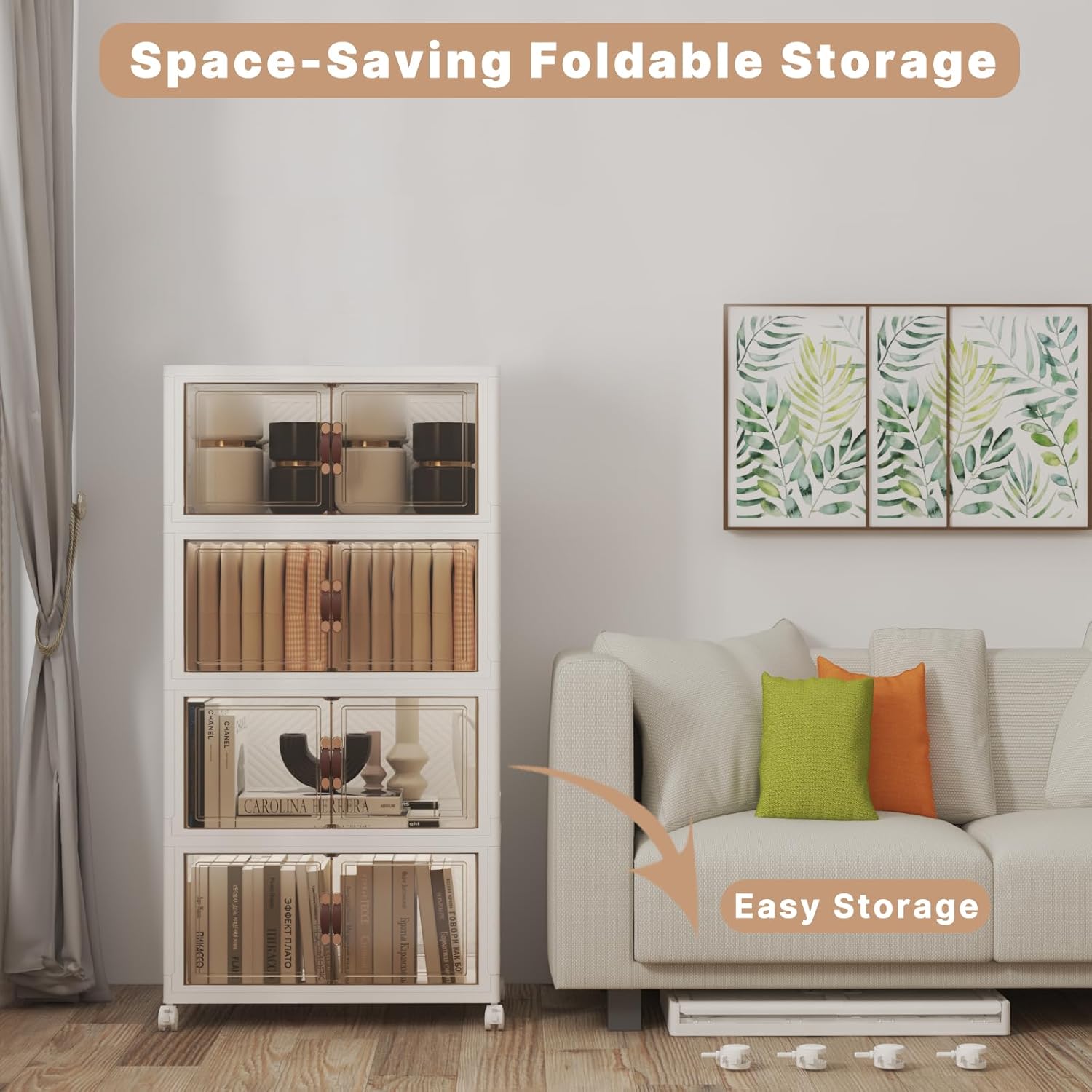 Extra Large Stackable Storage Bins with Lids & Wheels, Foldable Collapsible Closet Organizers Storage Cabinet with Doors for Bedroom Dorm (White, 220QT-55QT/14GAL*4Pack)