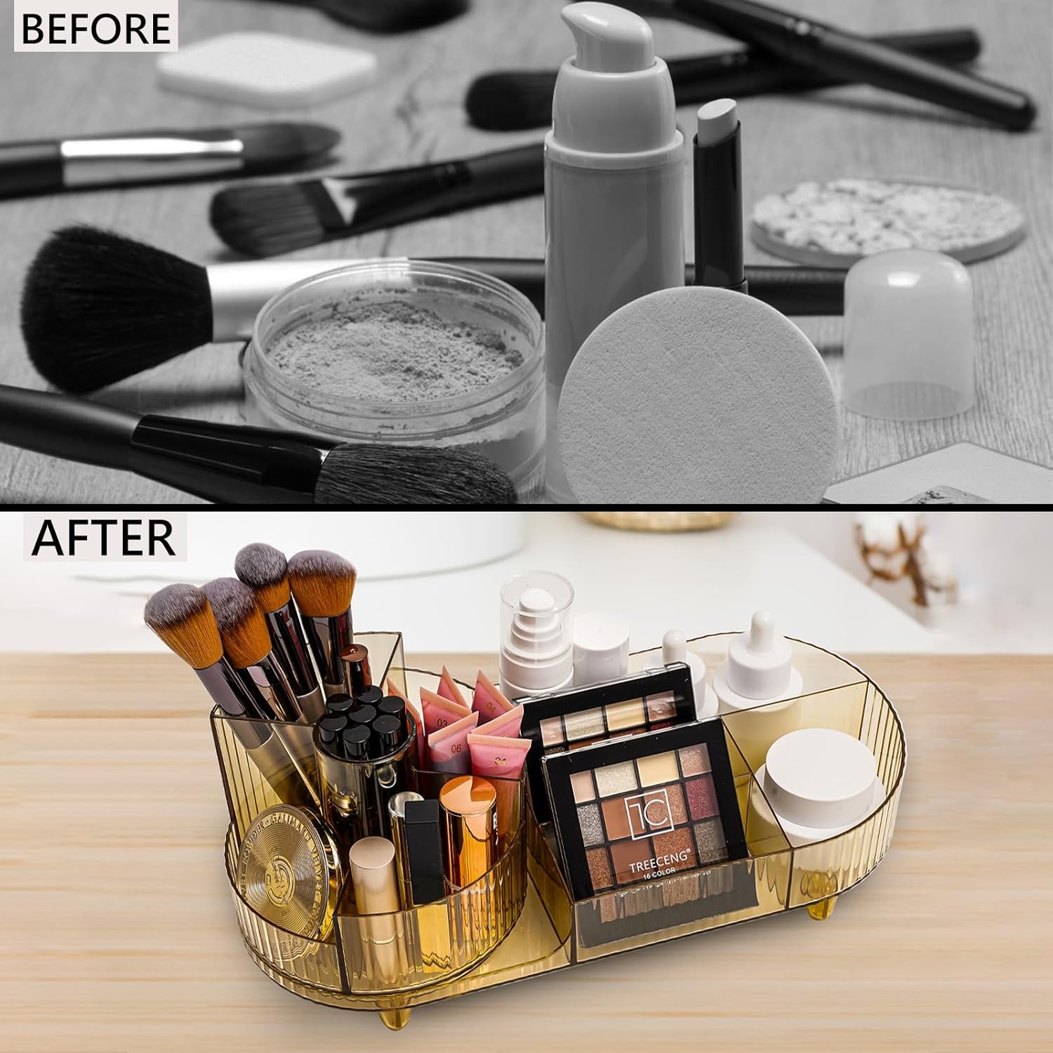 Cosmetic Makeup Storage Organizer, Countertop Makeup Perfume, Rotating Makeup Organizer for Vanity with Brush Holder, Lotions Display Case, Large Spinning Makeup Skincare Organizer (Transparent Gold)