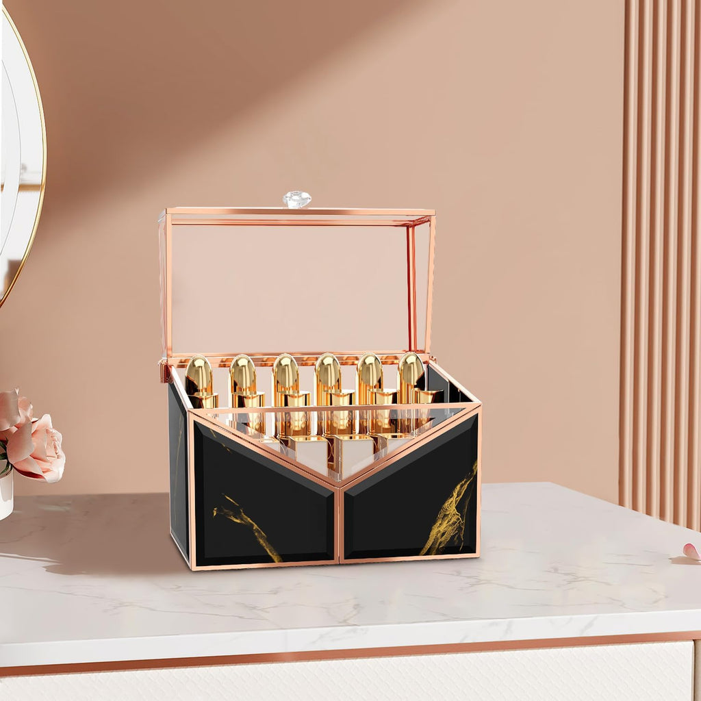 Lipstick Organizer - Black Glass Lipstick Holder & Nail Polish Organizer, 18-Slot Vanity Cosmetic Organizer with Removable Dividers,