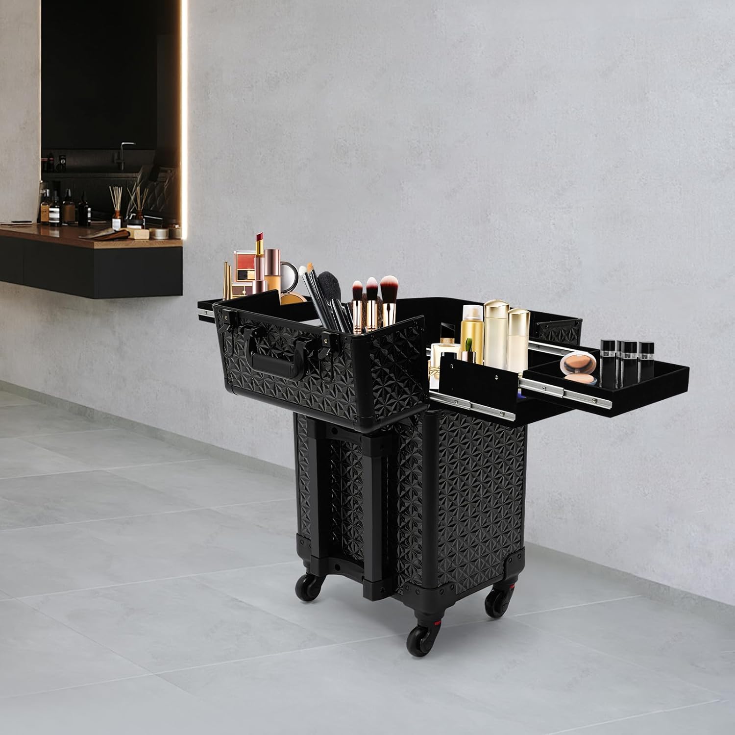 Rolling Makeup Case, Nail Storage Box with Wheels Portable Makeup Trolley for Beauty Studio Hairdressers Nail Technician (Black)