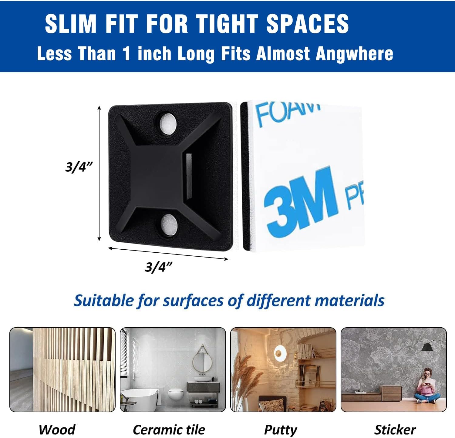 Strong Back-Glue Self Adhesive Cable Zip Tie Mounts Kit - 100 Set Cable Management Clips with 6" Zip Ties, Wire Holders - Outdoor Sticky Wire Organizer Clips-Black