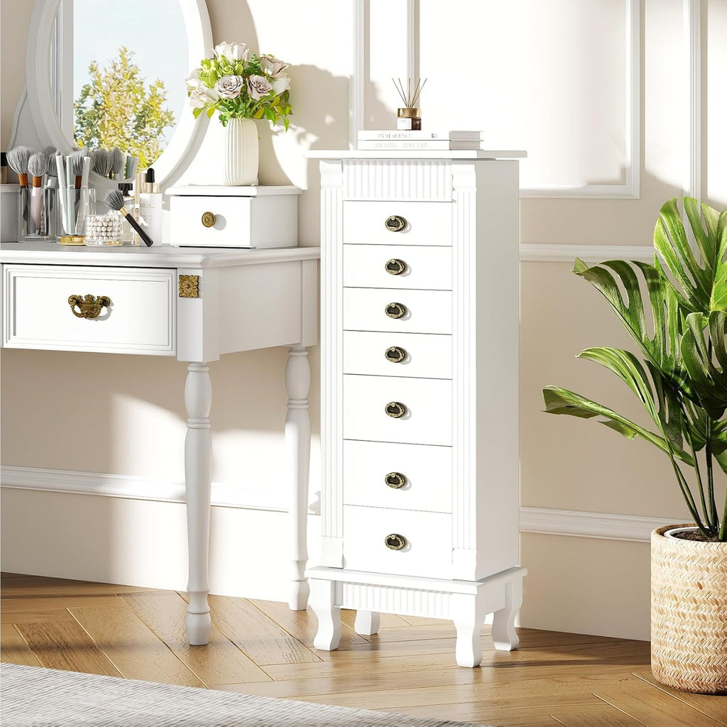 Giantex Standing Jewelry Cabinet with 7 Drawers, Flip-Top Mirror, 2 Side Doors with 12 Necklace Hooks, Divided Ring Compartments, Velvet-Lined Jewelry Armoire Organizer Chest (White)