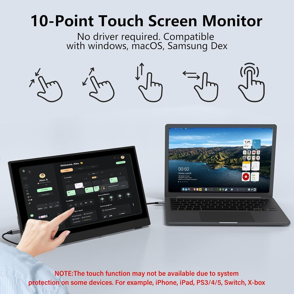 InnoView Portable Monitor Touchscreen 15.6" 1080P 10-Point Touch Screen Monitors Portable with Protective Sleeve Built-in Stand, 1200:1 HDMI USB C Travel Monitor for Laptop, PC, Mac, Phone, Switch