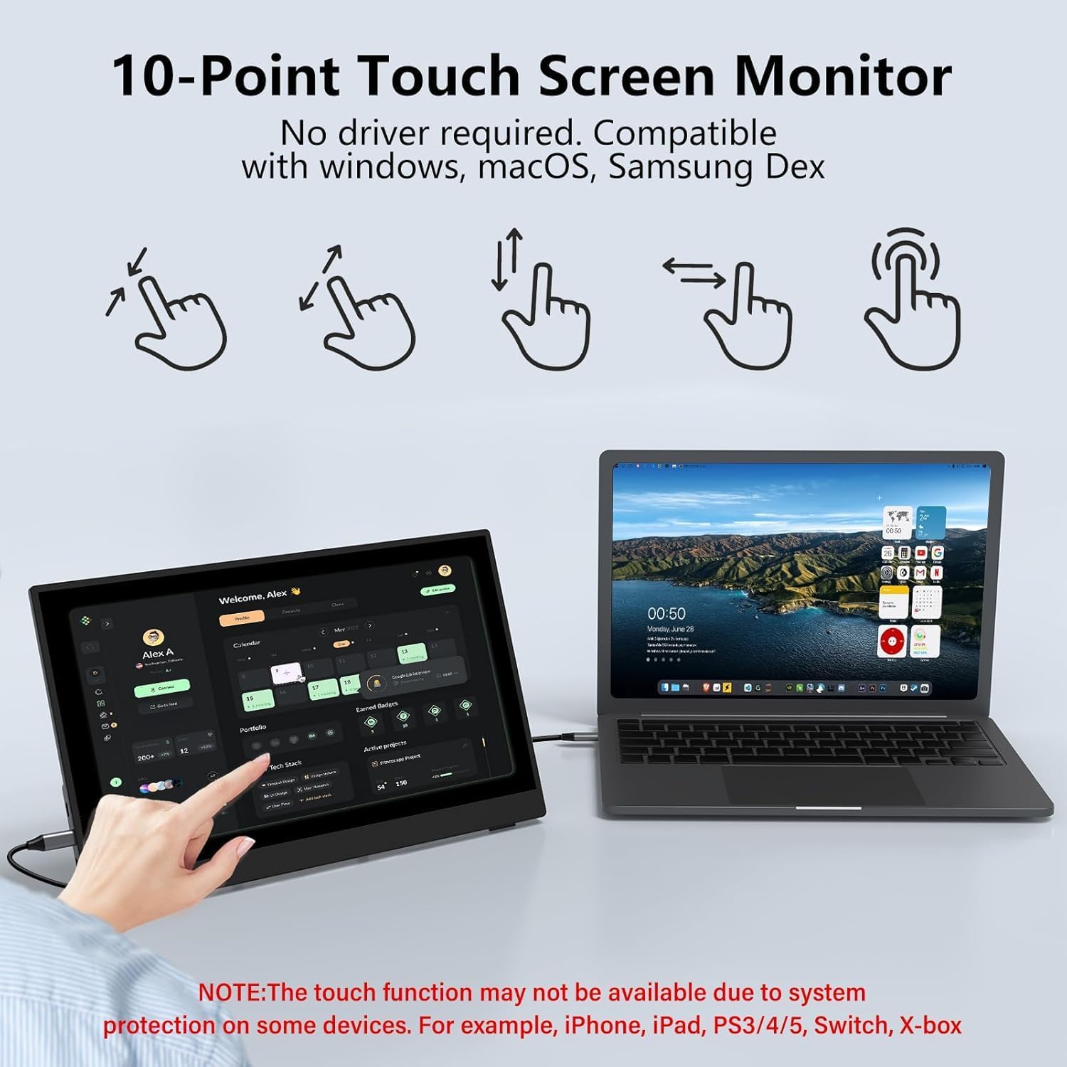 InnoView Portable Monitor Touchscreen 15.6" 1080P 10-Point Touch Screen Monitors Portable with Protective Sleeve Built-in Stand, 1200:1 HDMI USB C Travel Monitor for Laptop, PC, Mac, Phone, Switch